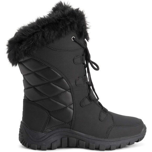 Women’s Black Quilted Faux Fur Cuff Winter Duck Boots Rubber Sole Snow - Picture 4 of 9